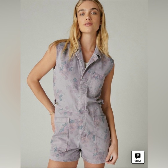 LUCKY BRAND x LAURA ASHLEY PRINTED FLORAL COVERALL SHORT IN SPRING PURPLE - Picture 1 of 10